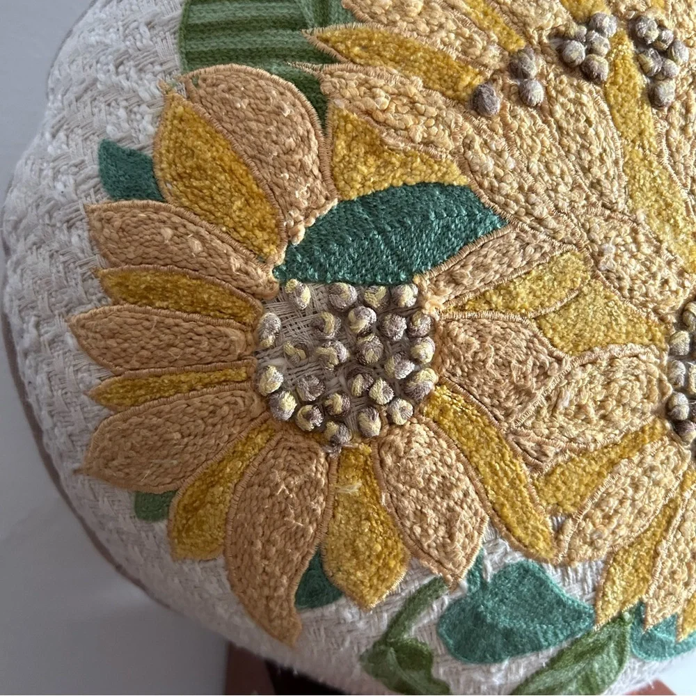 Shabby Chic Farmhouse Sunflower Tweed Round Pillow Boho Cottage Farm